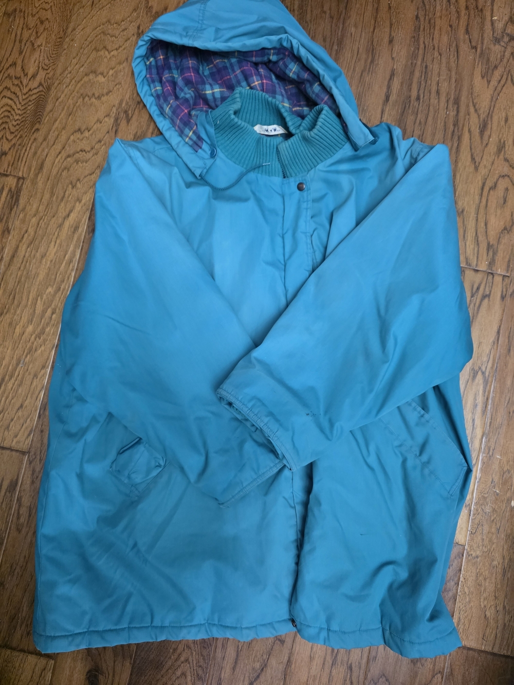 Vintage Cabin Creek Teal Hooded Raincoat with Plaid Lining sz XL